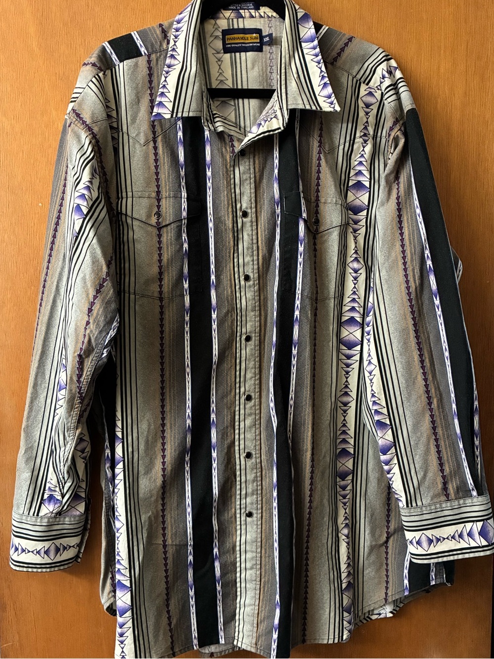 Men’s Southwestern Stripe Button-Up Shirt in Taupe, Black & Purple - size XXL